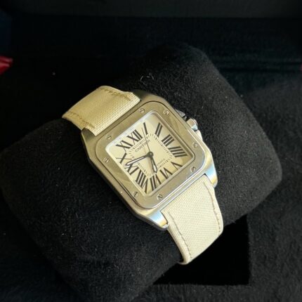 Cartier Santos 100 Médio , Aço e Pulseira Branca