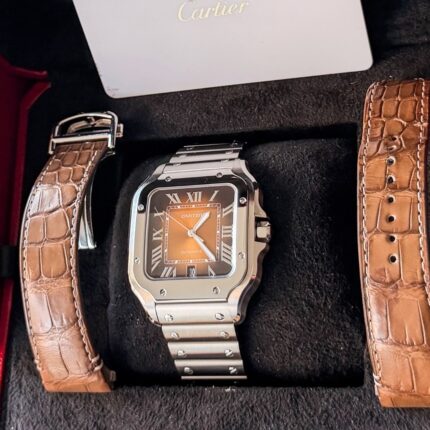 Cartier Santos de Cartier em Aço, Mostrador Chocolate e Full Set